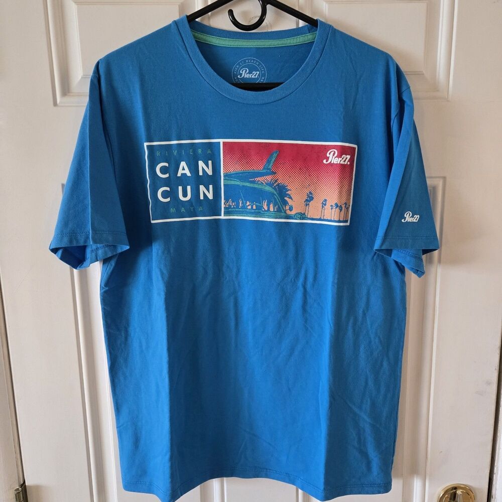 Pier 27 Cancun Riviera Maya Graphic Tee Blue Beach Travel Mexico T-Shirt Mens L